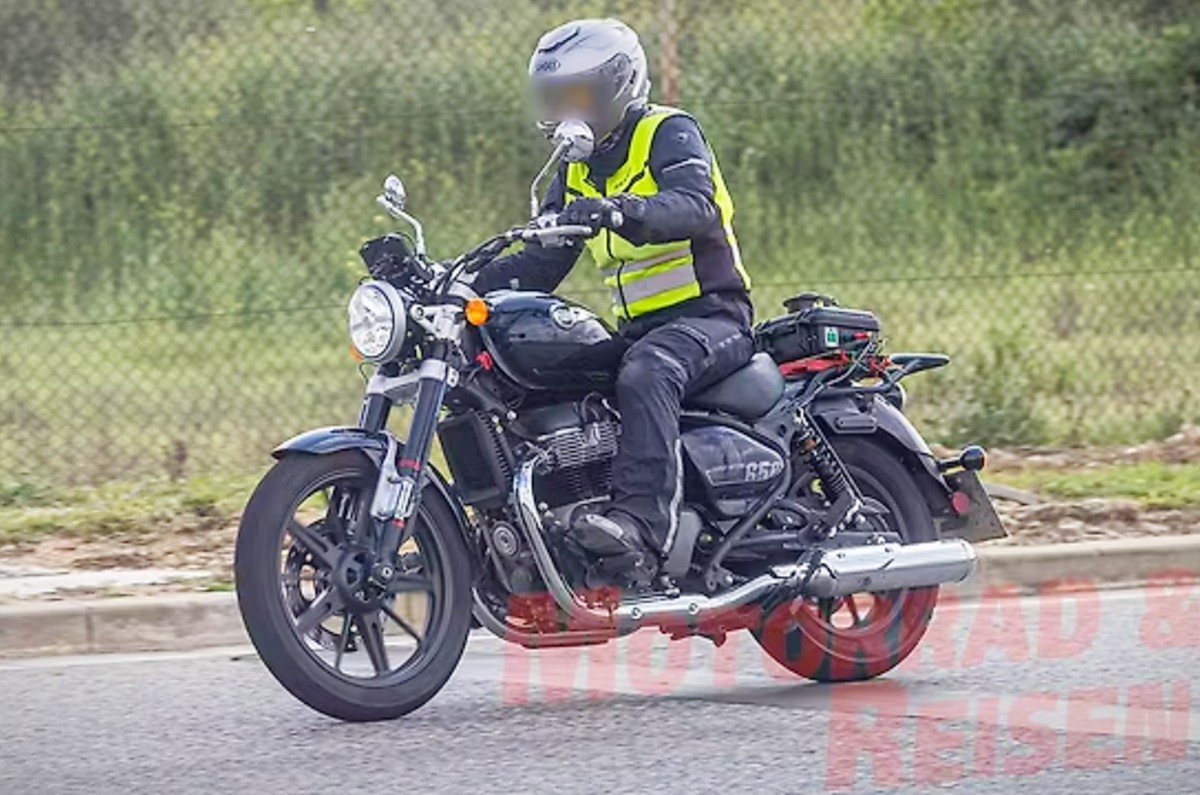 Royal Enfield Super Meteor test bike front left riding shot